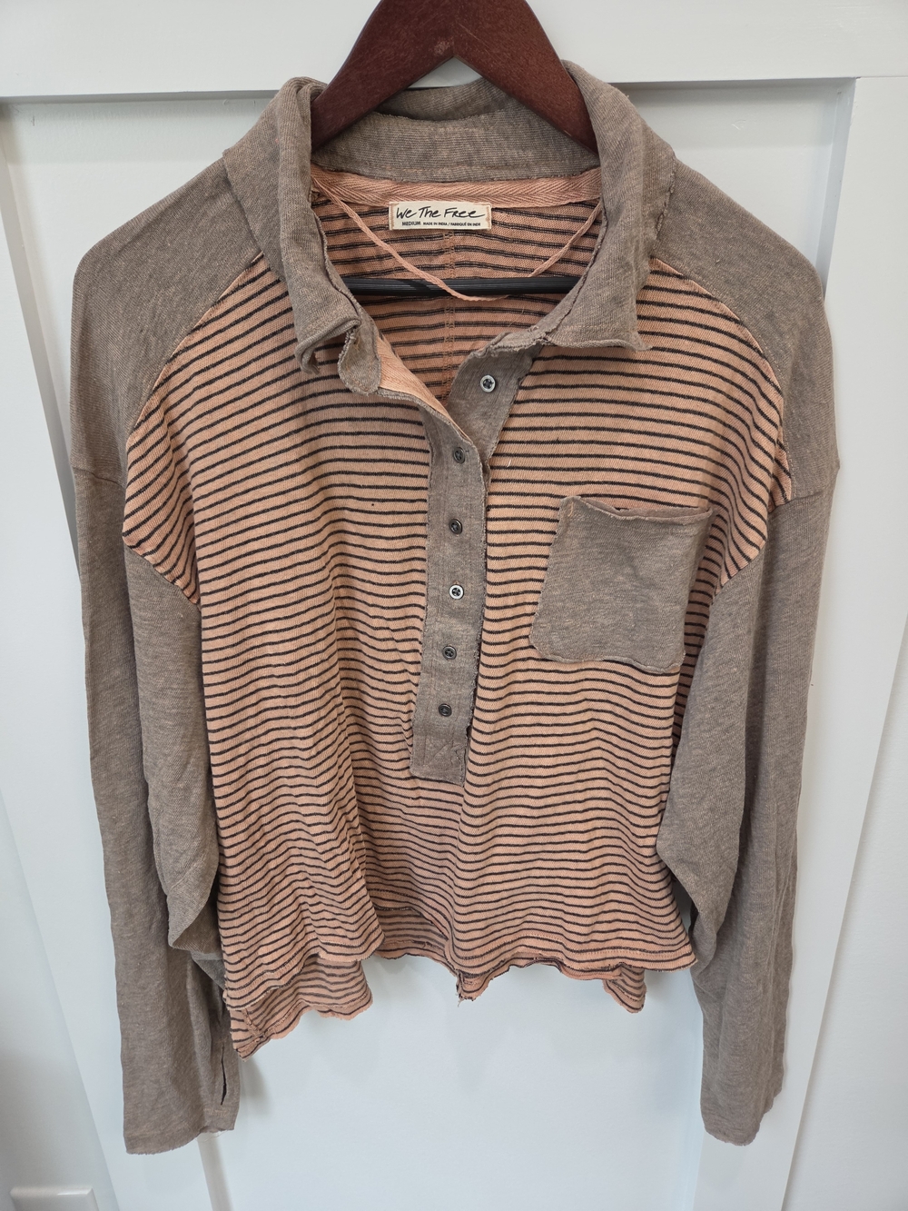Free People Striped Vintage-Look Henley Top in Peach and Taupe
